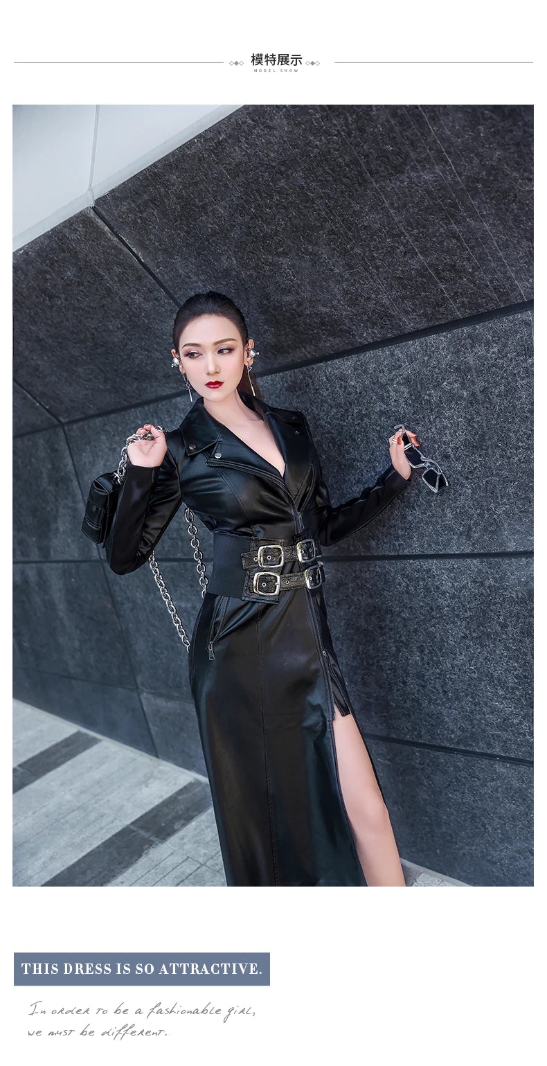 Lautaro Frühling schwarz maxi leder kleid frauen lange sleeve zipper korsett Lange engen kleid Faux Leder kleider für frauen 2022