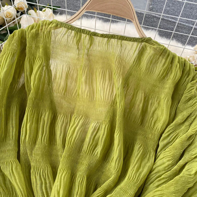 Sommer Sexy Drapierte Chiffon Bluse Für Frauen Elegante V-ausschnitt Puff Langarm Kurze Tops Weibliche Dünne Party Shirts 2022 Neue Mode