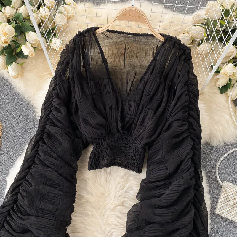 Sommer Sexy Drapierte Chiffon Bluse Für Frauen Elegante V-ausschnitt Puff Langarm Kurze Tops Weibliche Dünne Party Shirts 2022 Neue Mode
