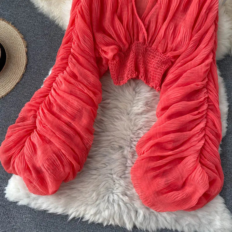 Sommer Sexy Drapierte Chiffon Bluse Für Frauen Elegante V-ausschnitt Puff Langarm Kurze Tops Weibliche Dünne Party Shirts 2022 Neue Mode