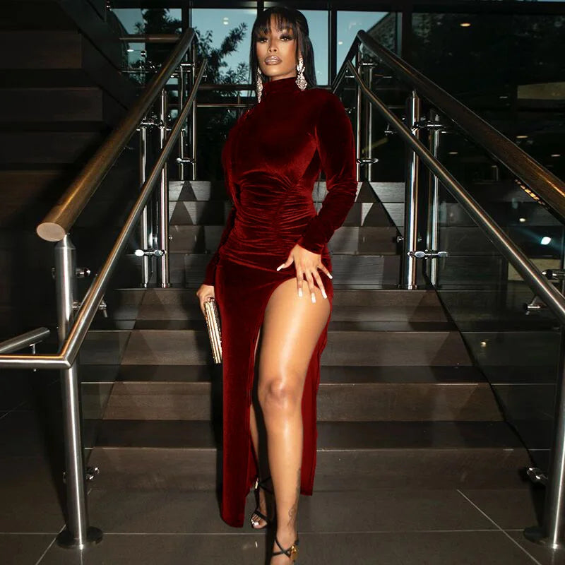 Herbst Winter Frauen Feste Samt Langarm Geraffte Midi Kleid Seite Slit Bodycon Sexy Streetwear Partei Elegante Club