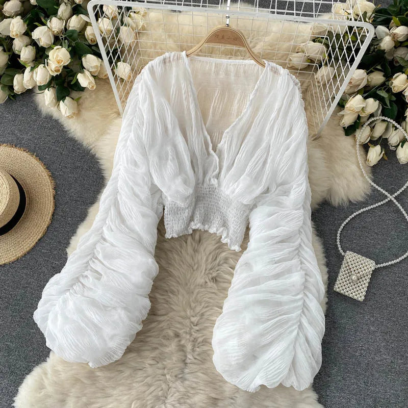 Sommer Sexy Drapierte Chiffon Bluse Für Frauen Elegante V-ausschnitt Puff Langarm Kurze Tops Weibliche Dünne Party Shirts 2022 Neue Mode