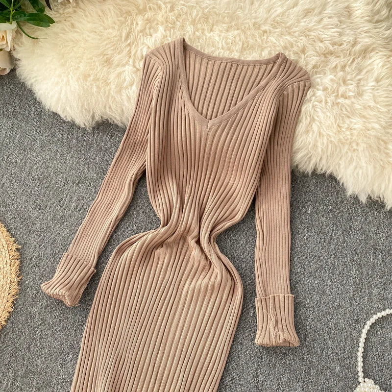 SINGREINY Frauen Herbst Gestrickte Kleid V-ausschnitt Sexy Dünne Elastische Übergroßen Grundlegende Bodycon Pullover Kleid Winter stricken Warme Lange Kleid