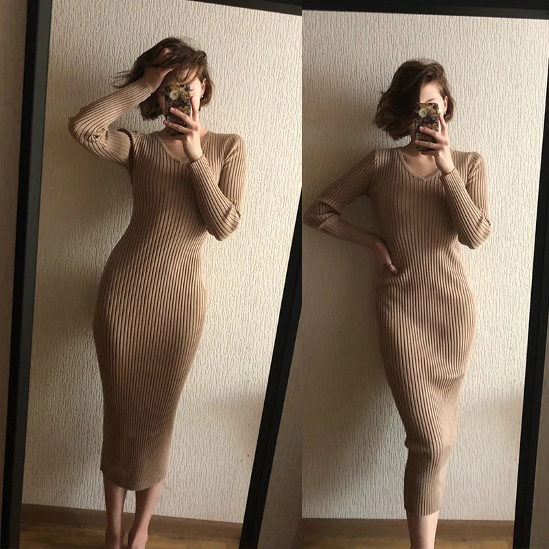 SINGREINY Frauen Herbst Gestrickte Kleid V-ausschnitt Sexy Dünne Elastische Übergroßen Grundlegende Bodycon Pullover Kleid Winter stricken Warme Lange Kleid