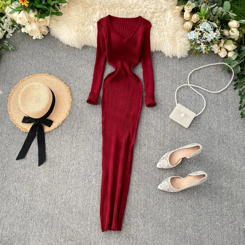 SINGREINY Frauen Herbst Gestrickte Kleid V-ausschnitt Sexy Dünne Elastische Übergroßen Grundlegende Bodycon Pullover Kleid Winter stricken Warme Lange Kleid