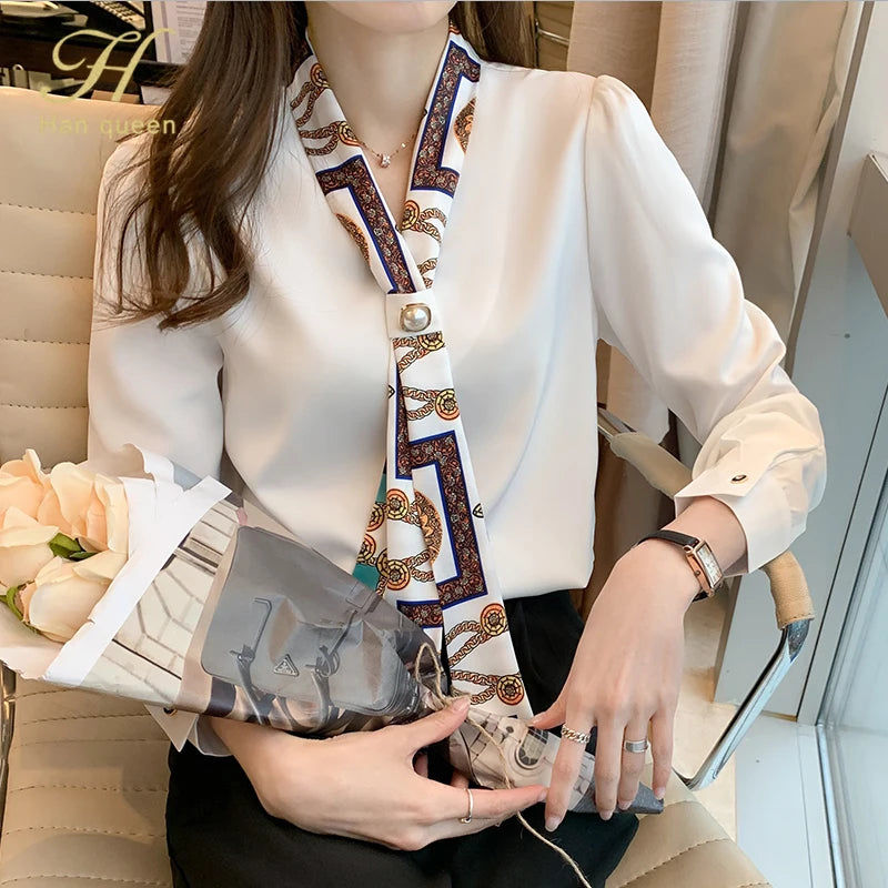 H Han Königin Frühling Chiffon Einfache Büro Dame Bluse Weibliches Hemd Bogen Tops Langarm Casual Koreanische OL Lose Blusen Frauen