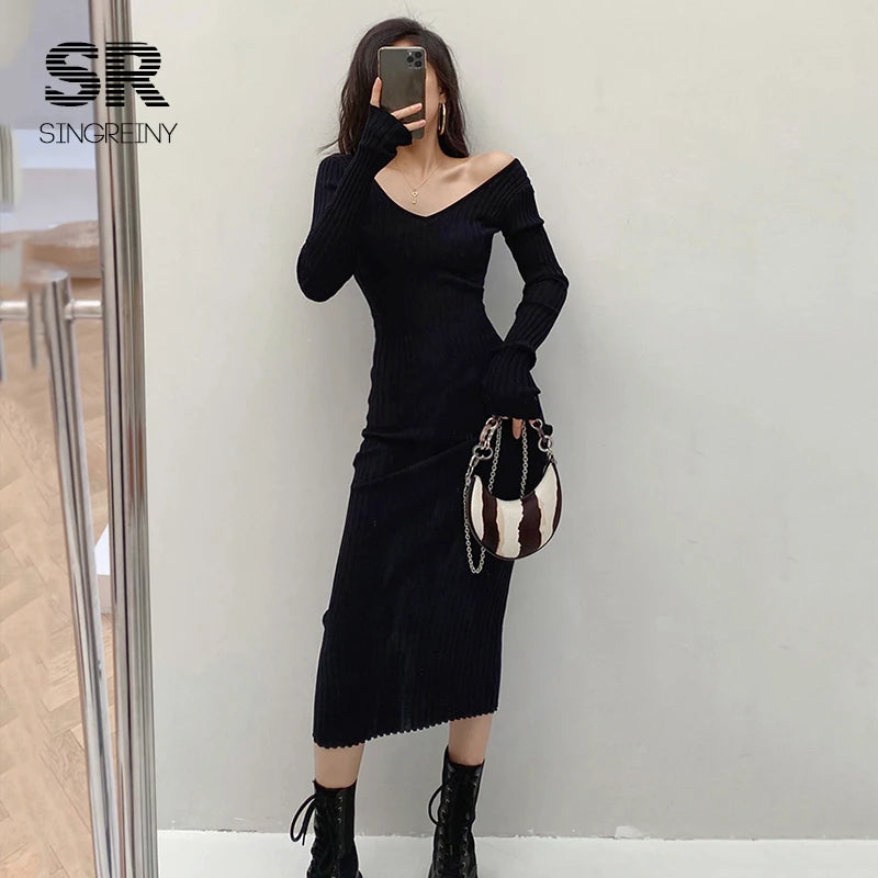 SINGREINY Frauen Herbst Gestrickte Kleid V-ausschnitt Sexy Dünne Elastische Übergroßen Grundlegende Bodycon Pullover Kleid Winter stricken Warme Lange Kleid