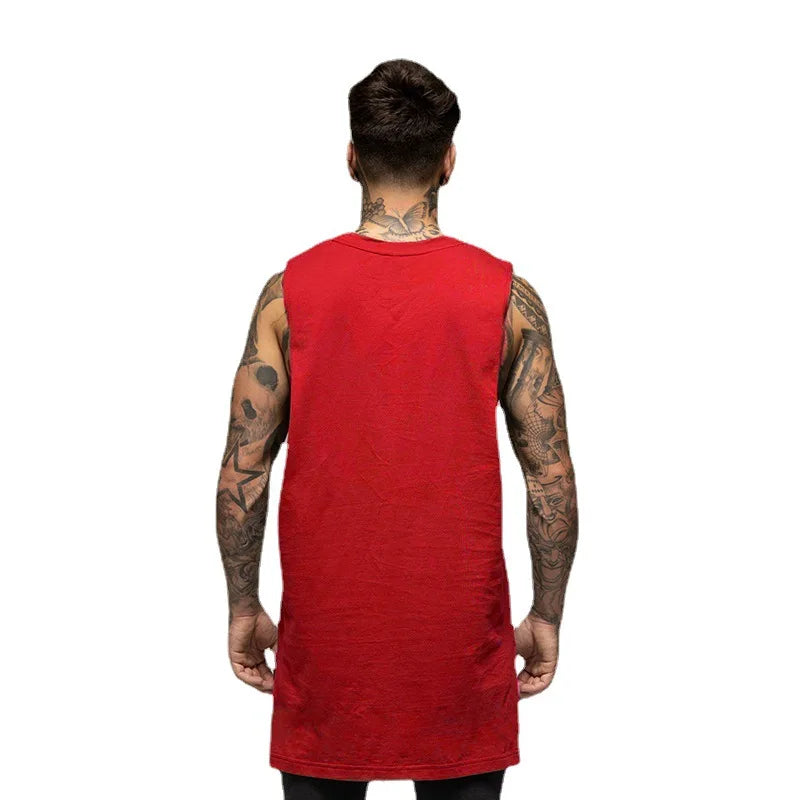 Mens Fashion Tank Top Gym Fitness Workout Cotton Sleeveless T Shirt Summer Casual Clothing Male Extend Long Singlet Hip Hop Vest