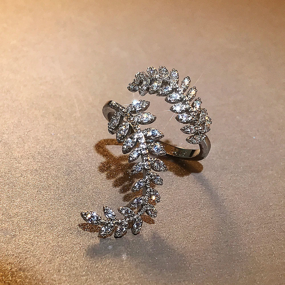 Huitan Graceful Leaves Both End of Open Ring Silver Color Girl Cocktail Party Rings Shine Crystal Zircon Fashion Women Jewelry