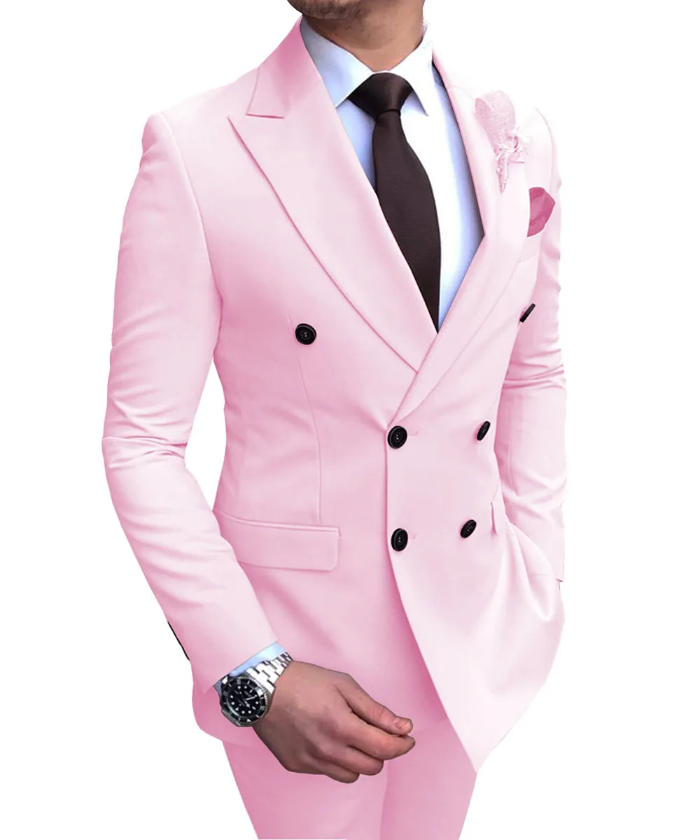 2024 Neuer beigefarbener Herrenanzug, 2-teilig, zweireihig, Reverskragen, flach, schmale Passform, lässiger Smoking für Hochzeit (Blazer + Hose)