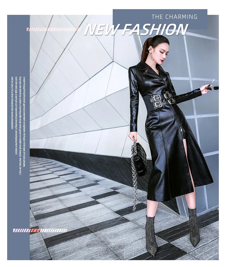 Lautaro Frühling schwarz maxi leder kleid frauen lange sleeve zipper korsett Lange engen kleid Faux Leder kleider für frauen 2022