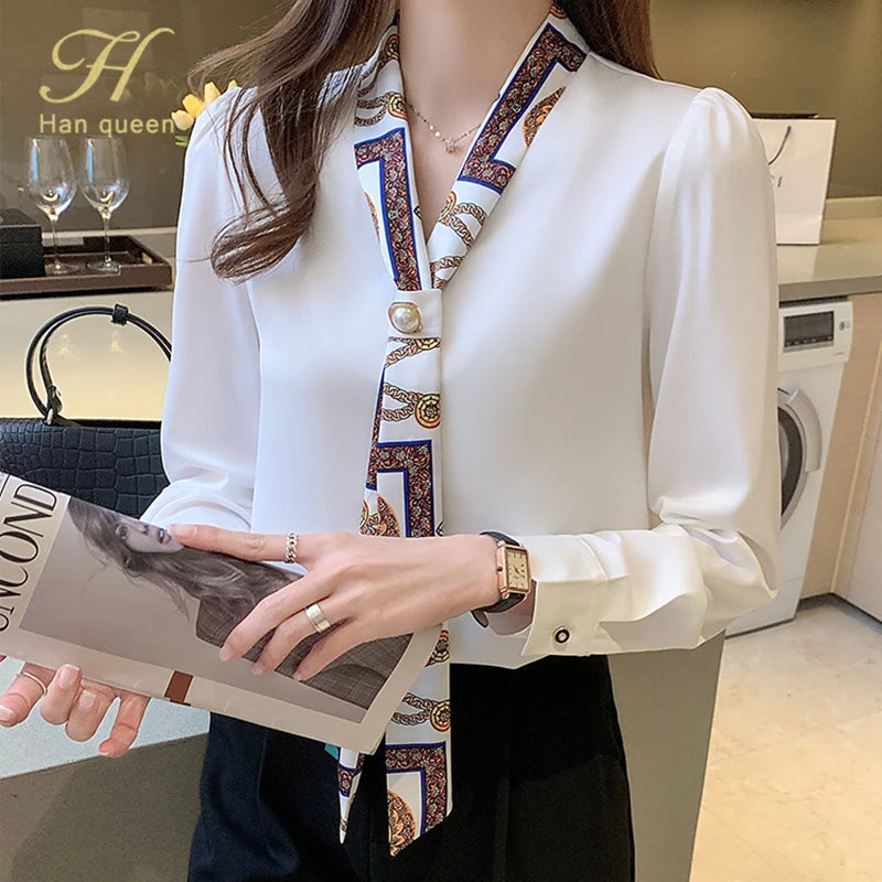 H Han Königin Frühling Chiffon Einfache Büro Dame Bluse Weibliches Hemd Bogen Tops Langarm Casual Koreanische OL Lose Blusen Frauen