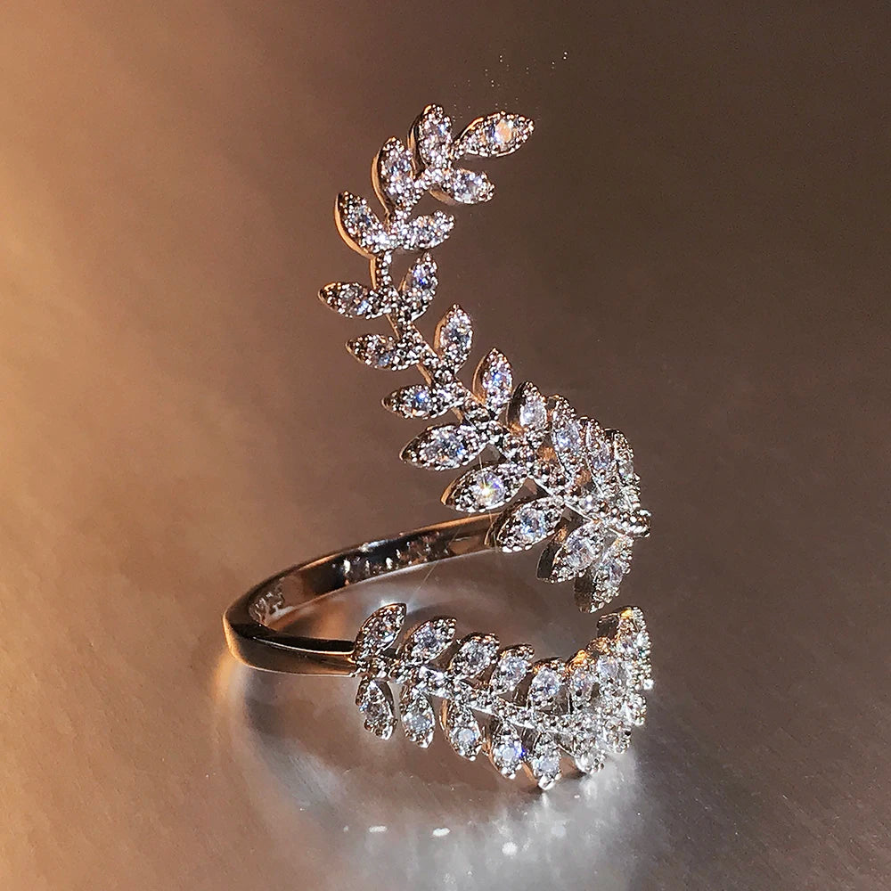 Huitan Graceful Leaves Both End of Open Ring Silver Color Girl Cocktail Party Rings Shine Crystal Zircon Fashion Women Jewelry