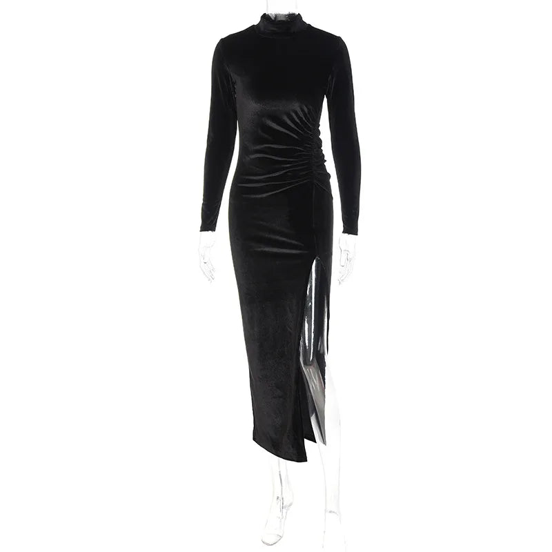 Herbst Winter Frauen Feste Samt Langarm Geraffte Midi Kleid Seite Slit Bodycon Sexy Streetwear Partei Elegante Club