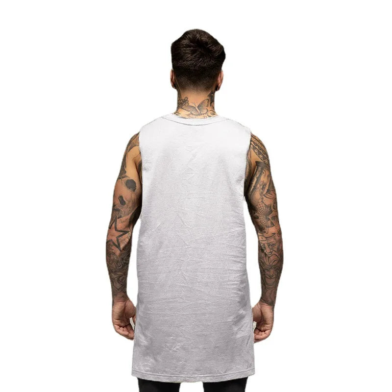 Mens Fashion Tank Top Gym Fitness Workout Baumwolle Ärmelloses T-shirt Sommer Casual Kleidung Männlichen Verlängern Lange Singulett Hip Hop weste