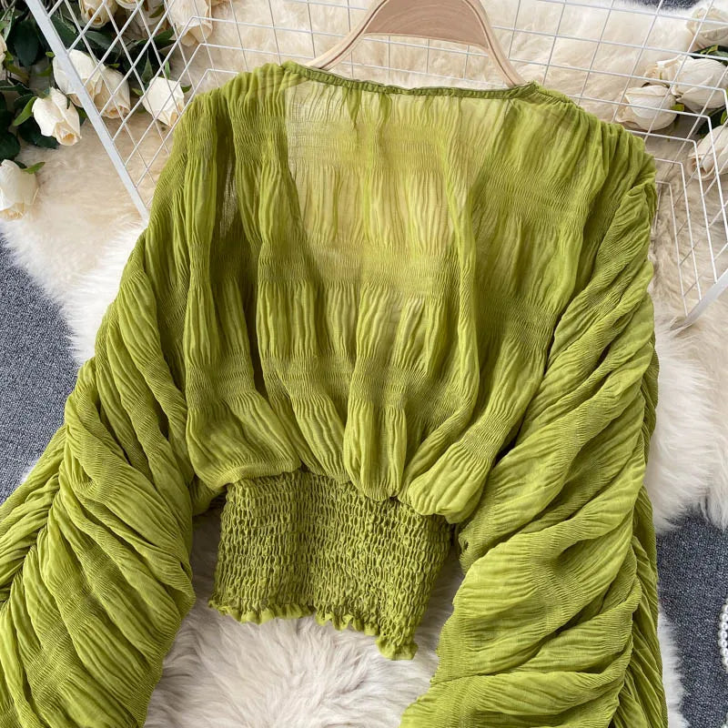 Sommer Sexy Drapierte Chiffon Bluse Für Frauen Elegante V-ausschnitt Puff Langarm Kurze Tops Weibliche Dünne Party Shirts 2022 Neue Mode
