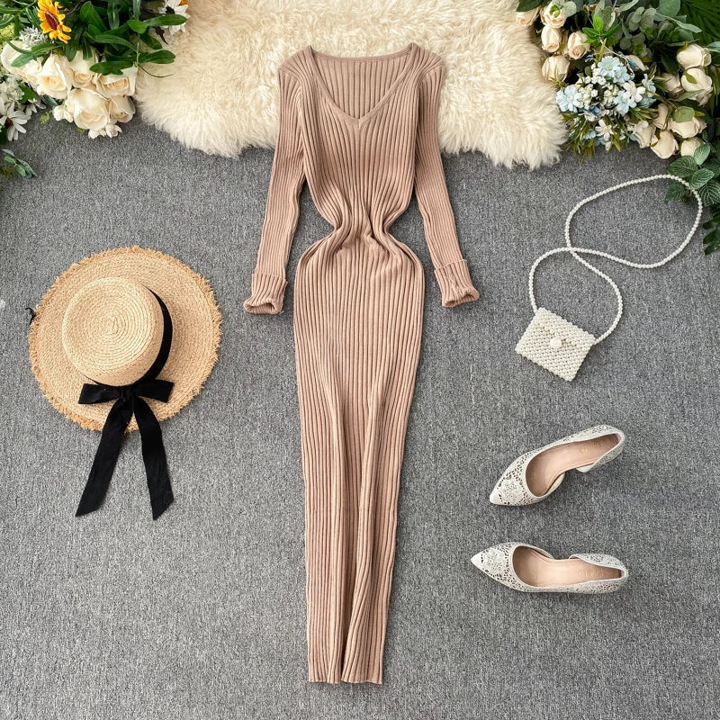 SINGREINY Frauen Herbst Gestrickte Kleid V-ausschnitt Sexy Dünne Elastische Übergroßen Grundlegende Bodycon Pullover Kleid Winter stricken Warme Lange Kleid