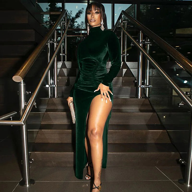 Herbst Winter Frauen Feste Samt Langarm Geraffte Midi Kleid Seite Slit Bodycon Sexy Streetwear Partei Elegante Club
