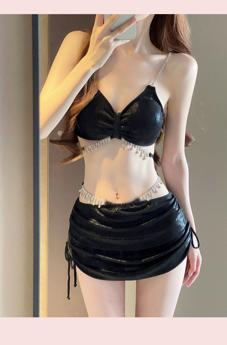 2025 New Bikini Swimsuit Female Sexy Three-Piece Set Rhinestone High-End Split Seaside Resort Hot Spring Swimsuit