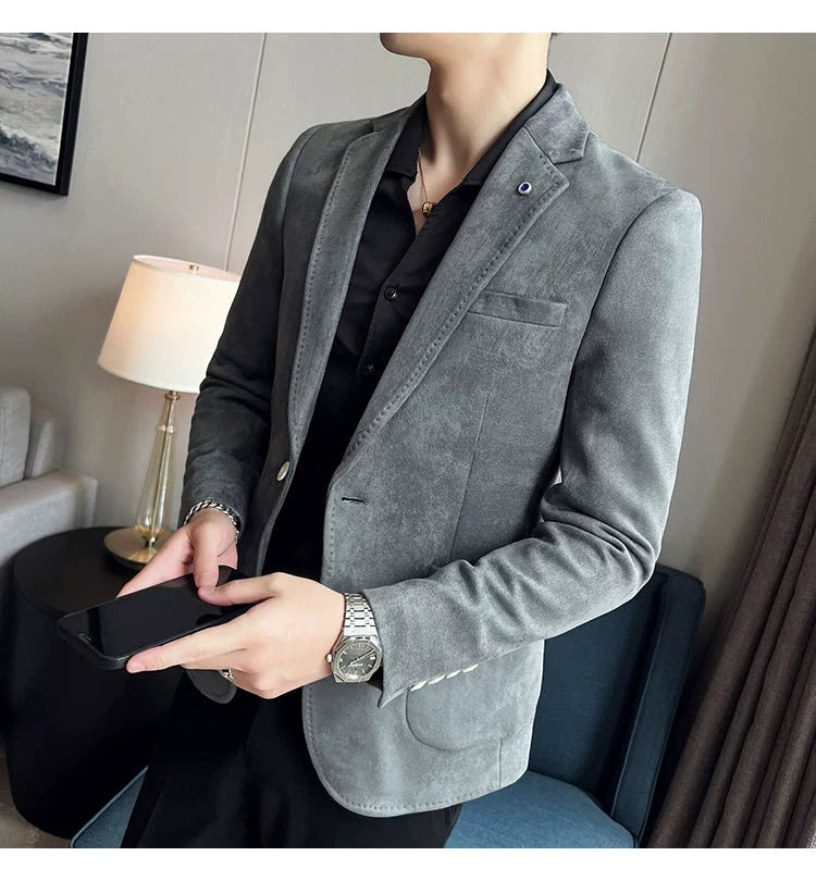 New Fashion Suit Coat Men's Slim Fit Deerskin Velvet Elegant Luxury Blazer Coat Business Casual Wedding Plus Size Suit 4XL-S