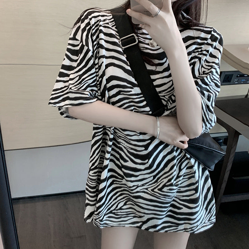 New Korean Women's Clothing Supply Leopard Print Short-Sleeved T-Shirt Women's Summer Mid-Length Women's Bottoming Shirt Top Dropshipping
