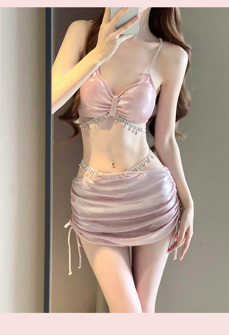 2025 New Bikini Swimsuit Female Sexy Three-Piece Set Rhinestone High-End Split Seaside Resort Hot Spring Swimsuit
