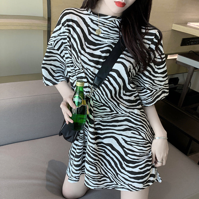New Korean Women's Clothing Supply Leopard Print Short-Sleeved T-Shirt Women's Summer Mid-Length Women's Bottoming Shirt Top Dropshipping