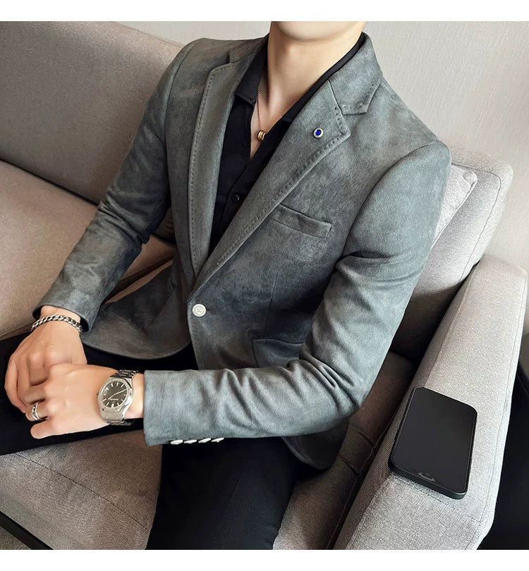 New Fashion Suit Coat Men's Slim Fit Deerskin Velvet Elegant Luxury Blazer Coat Business Casual Wedding Plus Size Suit 4XL-S