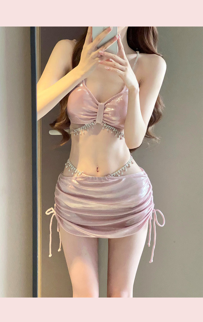 2025 New Bikini Swimsuit Female Sexy Three-Piece Set Rhinestone High-End Split Seaside Resort Hot Spring Swimsuit