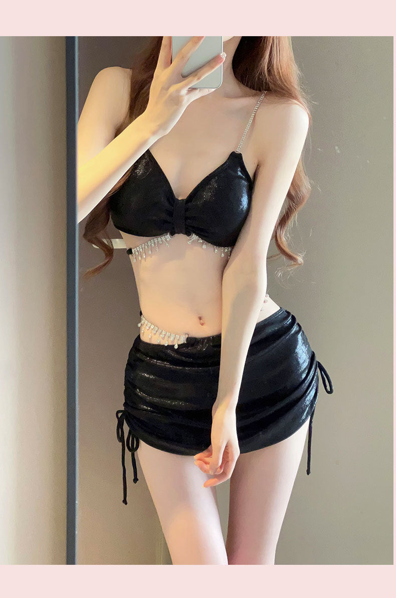 2025 New Bikini Swimsuit Female Sexy Three-Piece Set Rhinestone High-End Split Seaside Resort Hot Spring Swimsuit