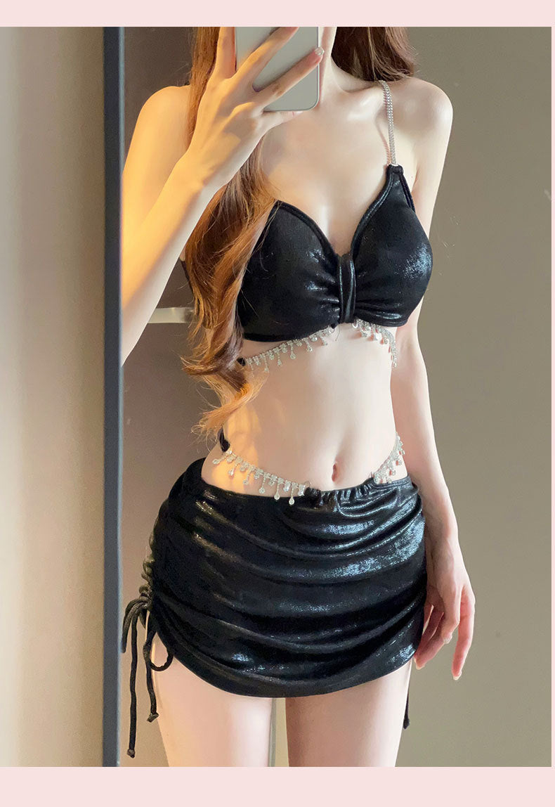 2025 New Bikini Swimsuit Female Sexy Three-Piece Set Rhinestone High-End Split Seaside Resort Hot Spring Swimsuit