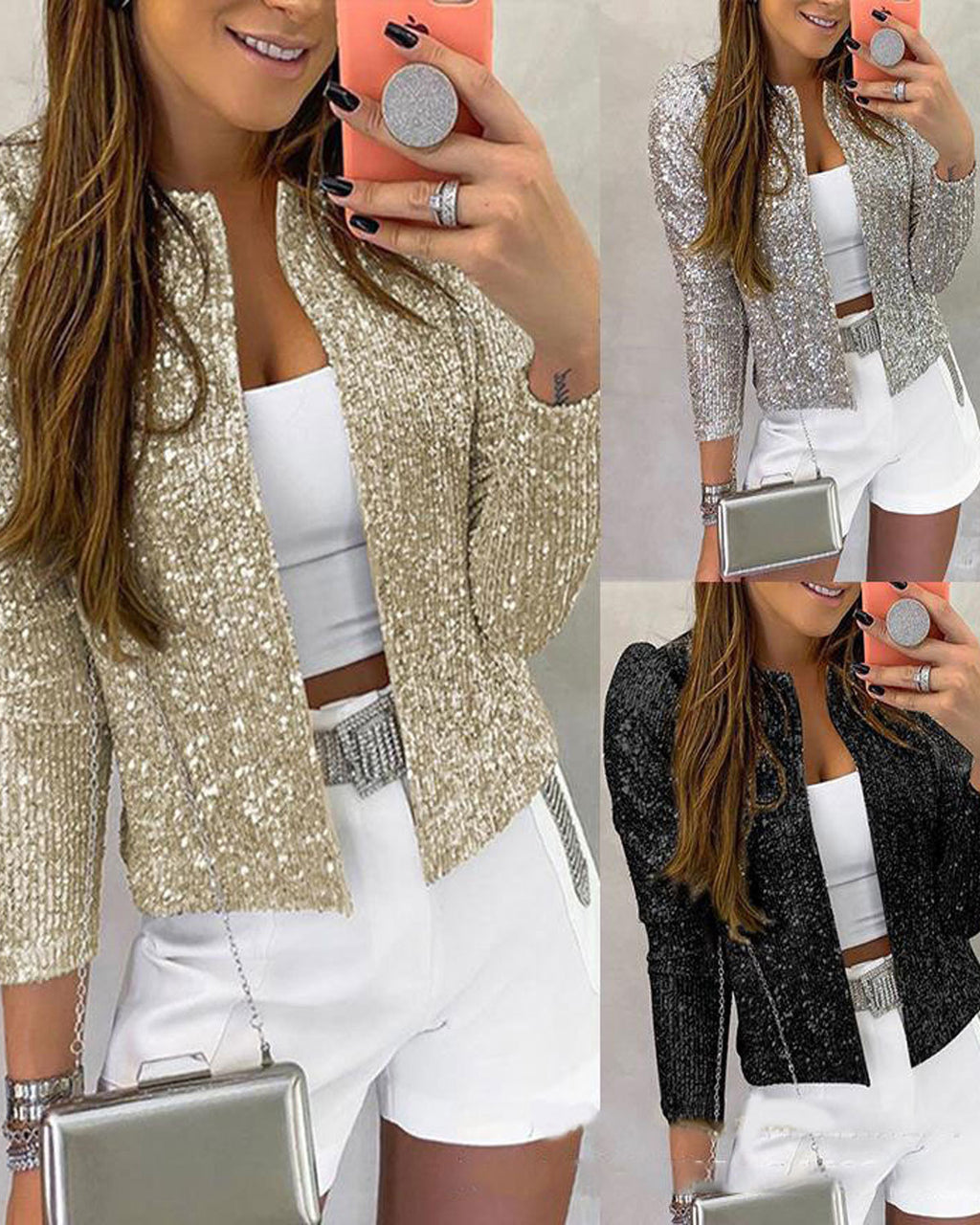 Street Fashion Stehkragen einfarbig Party Flash neue Jacke Strickjacke kurze lässige vielseitige Frauen