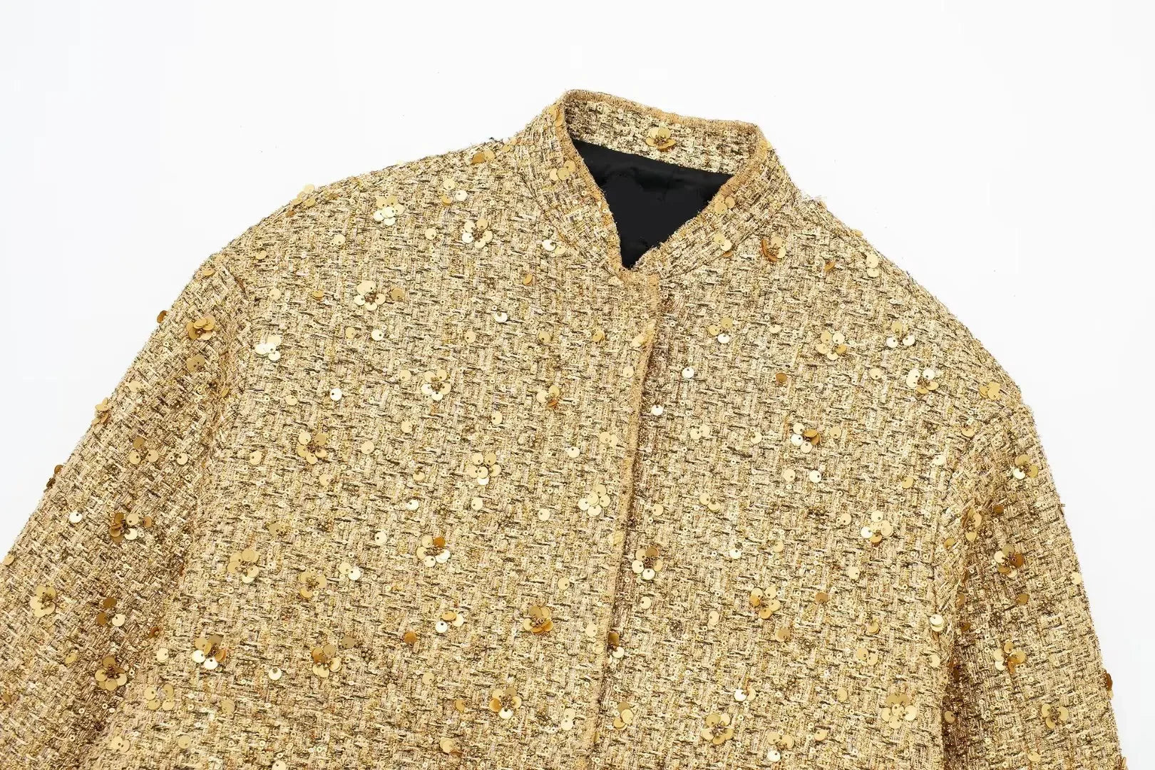 Women's Sequined Bomber Jacket Fall New Round Neck Long Sleeve Pocket Stretch Hem Sequins Jacket Coat Female Chic Outerwear