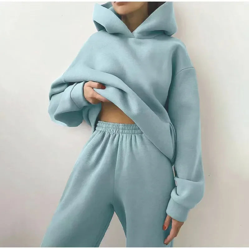 Plus Size 2024 Autumn/Winter Amazon Cross-Border Women's Fashion Casual Thickened Long Sleeve Sweatshirt Trousers Two-Piece Suit