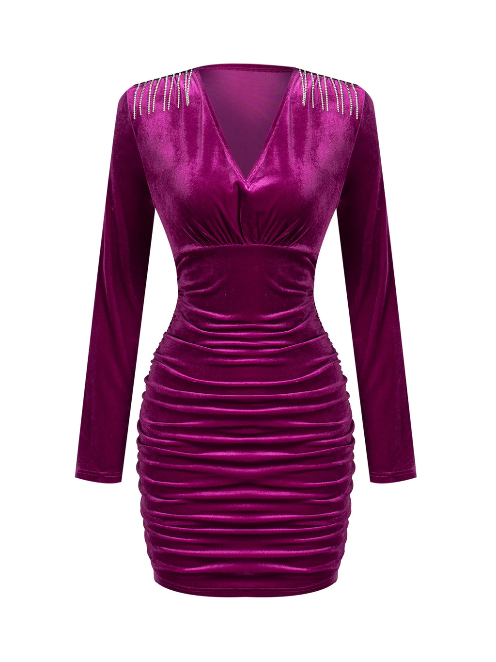 Damen Freizeitkleider Langarm V-Ausschnitt Burgunderroter Samt Bodycon Minikleid Elegantes Frühlings-Sexy-Abend-Cocktailkleid