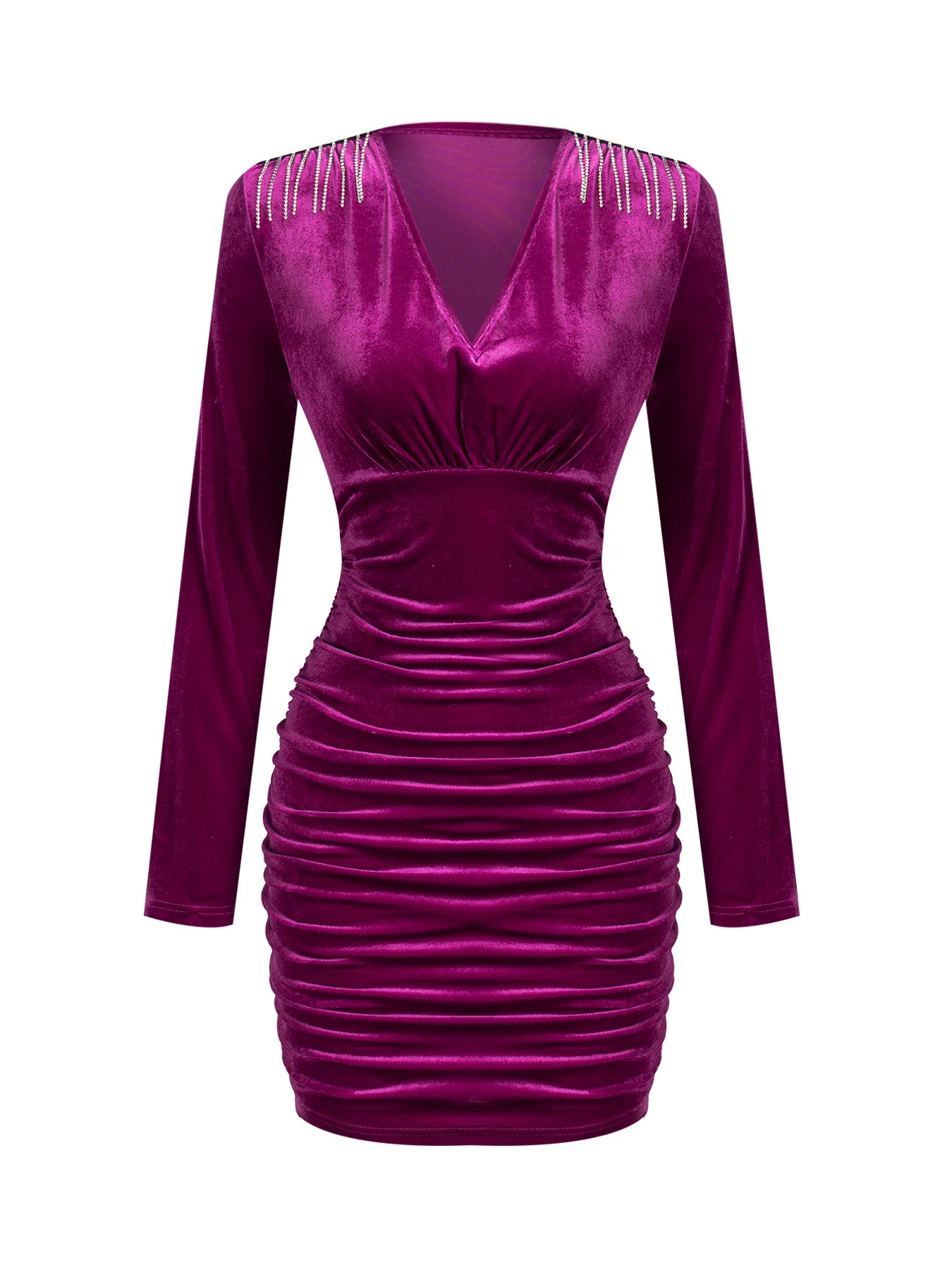 Damen Freizeitkleider Langarm V-Ausschnitt Burgunderroter Samt Bodycon Minikleid Elegantes Frühlings-Sexy-Abend-Cocktailkleid