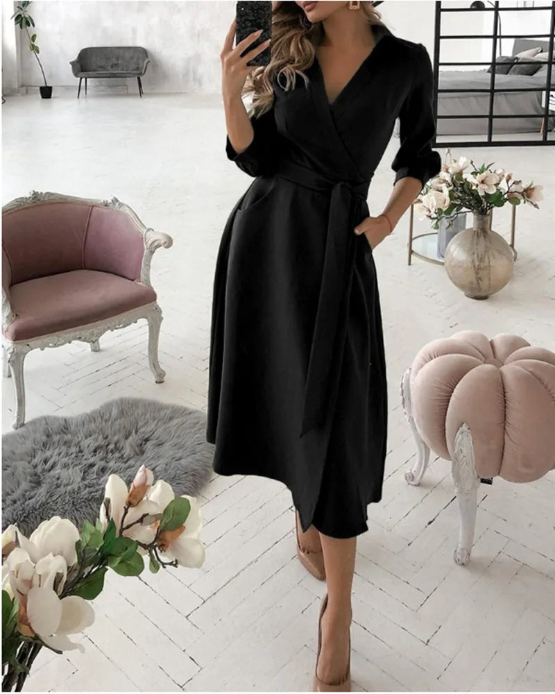 Herbst Neue Casual frauen Mode Lange ärmeln V-ausschnitt Gedruckt Muster Mid-länge Elegante Gedruckt frauen Kleid