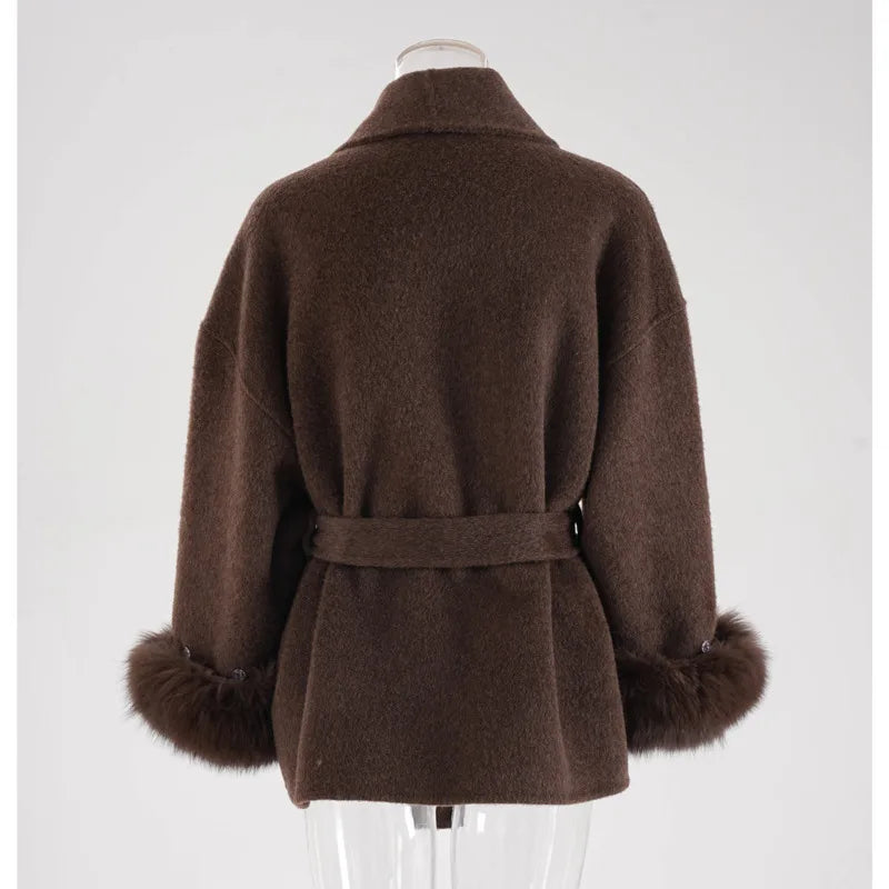 UCXQ Elegant OL Office Lady Overcoats Fur Patchwork Long Sleeve Woolen Coat Beautiful Women's Clothing Jacket Autumn 2025 Winter