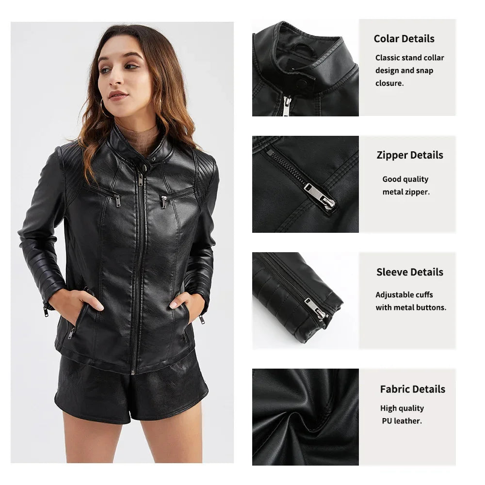 New 20 Women's Leather Jacket Thin Motorcycle Style Short Fashion Women's Jacket Stand Collar Full Sleeve from Mainland China