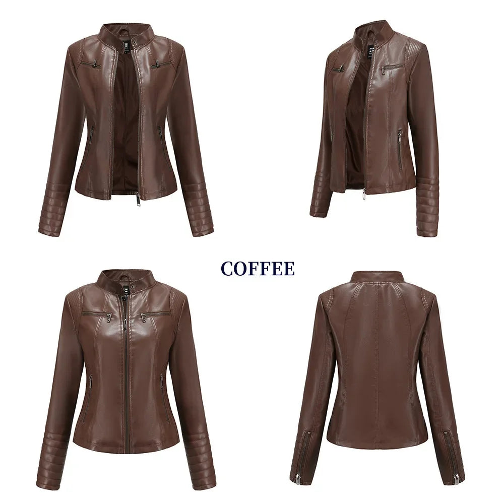 Neue 20-Damen-Lederjacke, dünn, Motorrad-Stil, kurze modische Damenjacke, Stehkragen, volle Ärmel, aus dem Festland China