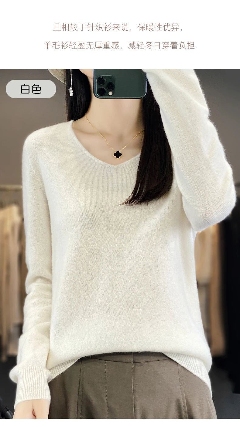 Frauen 100% Merinowolle Pullover V-Ausschnitt Basic Pullover Herbst Winter Kaschmir Kleidung Langarm weiche Strickwaren Tops einfarbig
