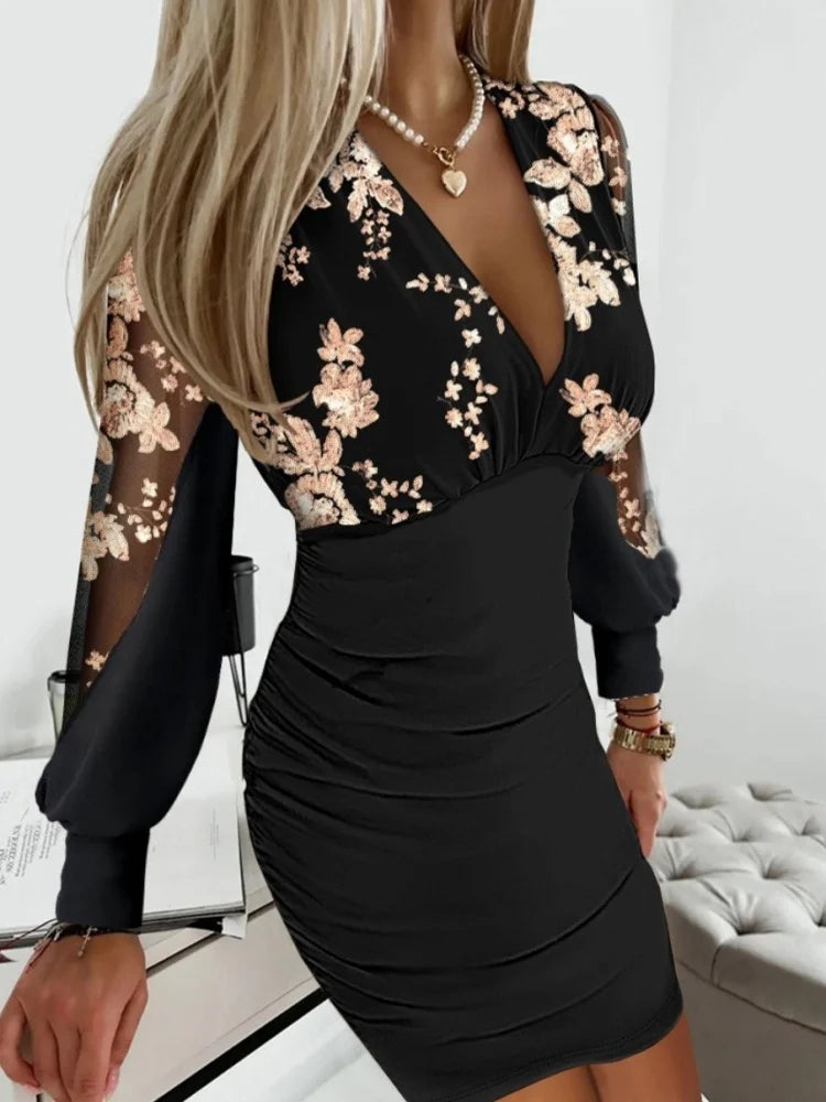 2024 tiefem V-ausschnitt Solide Party Kleid Frauen Loungewear Lange Laterne Hülse Mini Kleid Frühling Herbst Mode Damen Etuikleid