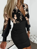 2024 tiefem V-ausschnitt Solide Party Kleid Frauen Loungewear Lange Laterne Hülse Mini Kleid Frühling Herbst Mode Damen Etuikleid