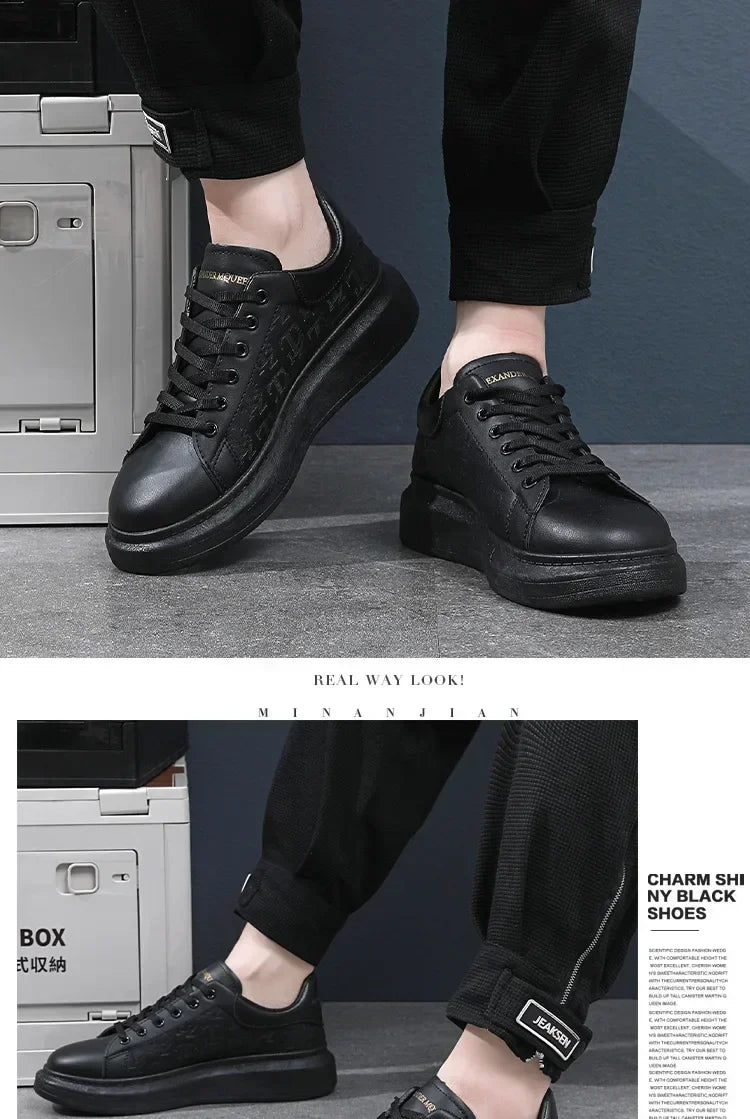 2025, neue Herrenschuhe, Frühling und Herbst, flache Sohlen, lässige Lederschuhe, Sportschuhe, schwarze und weiße Herren-Schuhe mit dicken Sohlen, atmungsaktiv