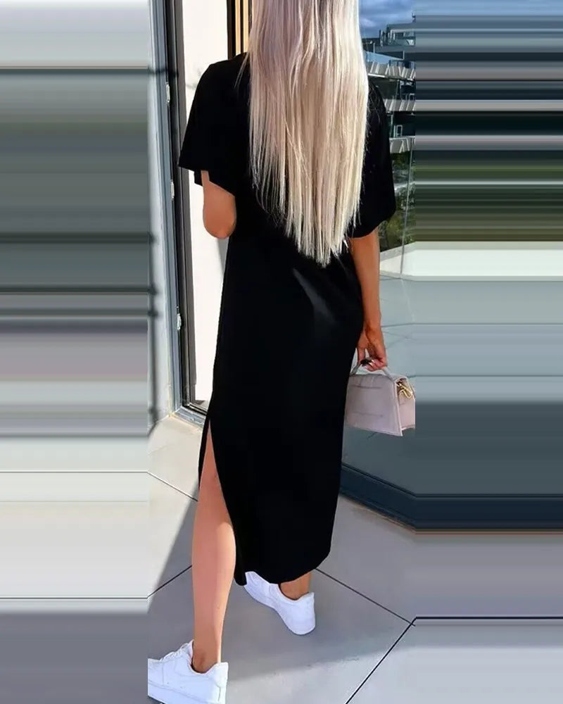 Fashion Simple O Neck Short Sleeve Solid Dress For Women New 2024 Summer Casual Loose Comfortable Split Long Dress Robe Femme