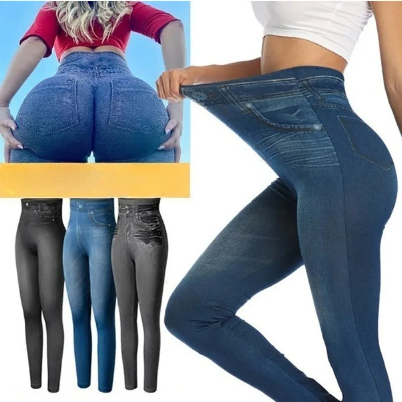 European American High Elasticity Denim Bedruckte Leggings Damen Hohe Taille Schlanke Leggings Gym Training Radfahren Mode Shorts
