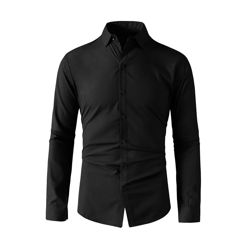 Neues, langärmliges, einfarbiges Business-Casual-Hemd für Herren, knitterfrei, knitterfrei, bequem, vielseitiges Oberteil für die ganze Saison
