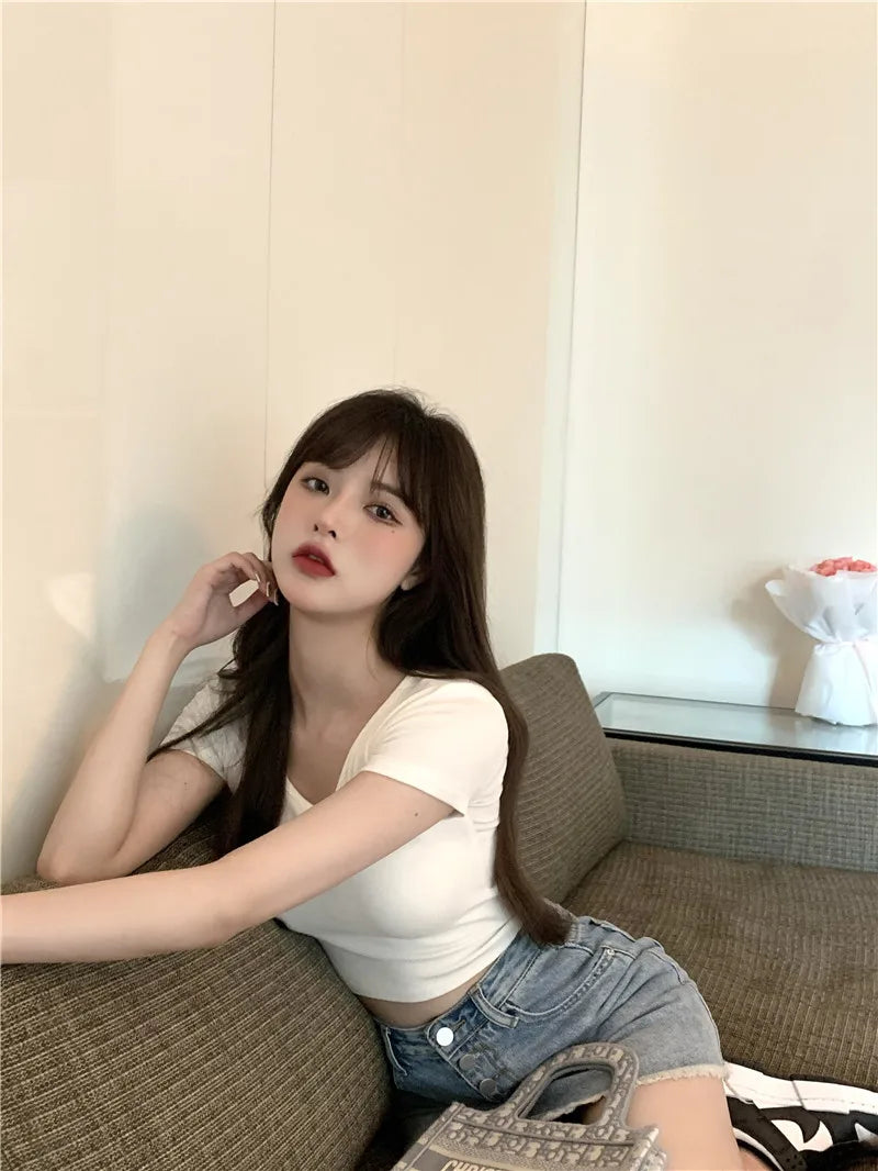 Sommerliche sexy Crop-Tops für Damen, schmal geschnitten, Kpop Y2K Kawaii Gothic T-Shirt, Harajuku Vintage, günstige Kleidung, süße Streetwear-Shirts