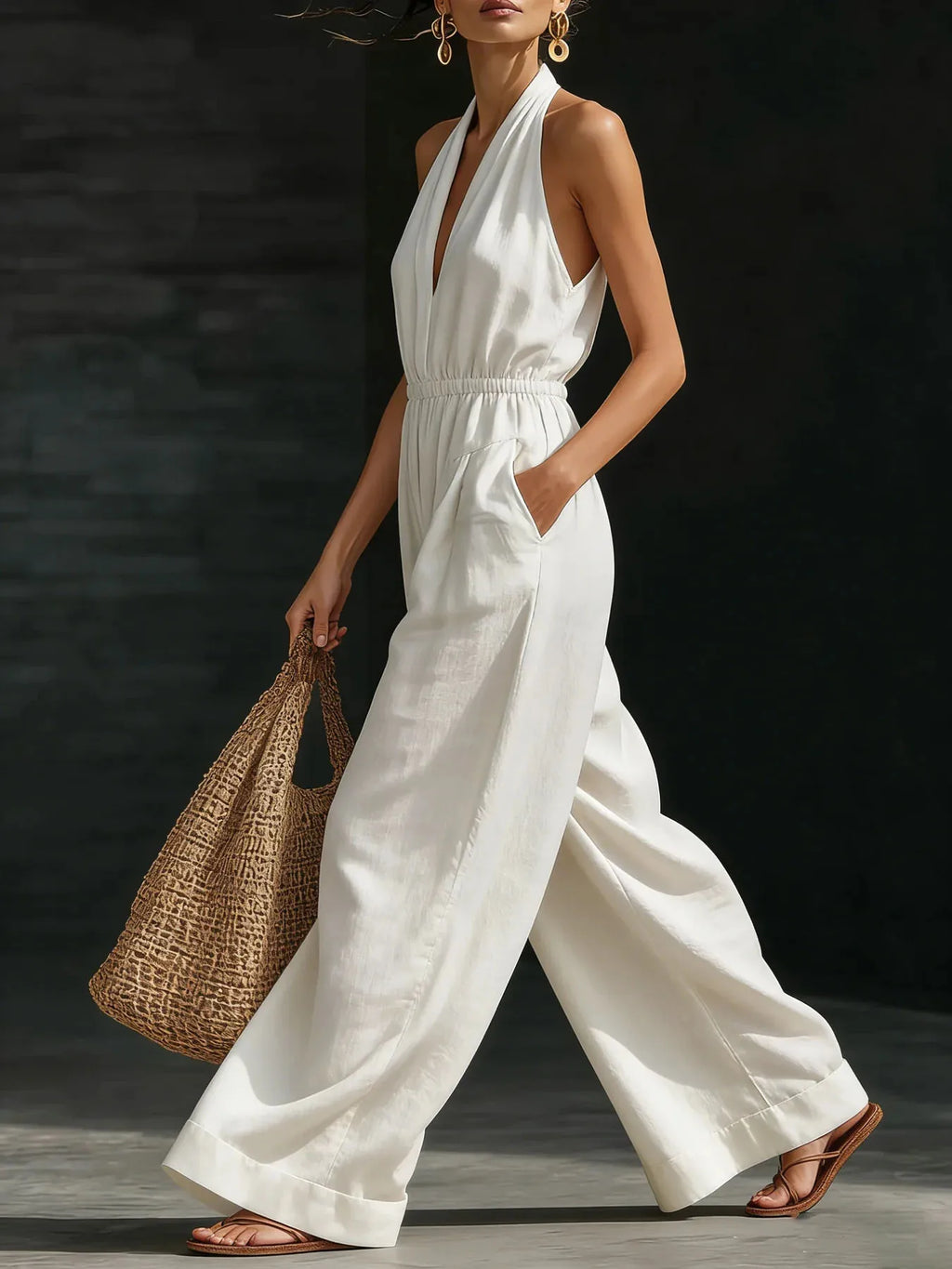 Damen 2026 Neuer V-Ausschnitt Neckholder-Jumpsuit – Designer-Overall im französischen Stil mit weitem Bein, schicker Büro-Casual-Einteiler