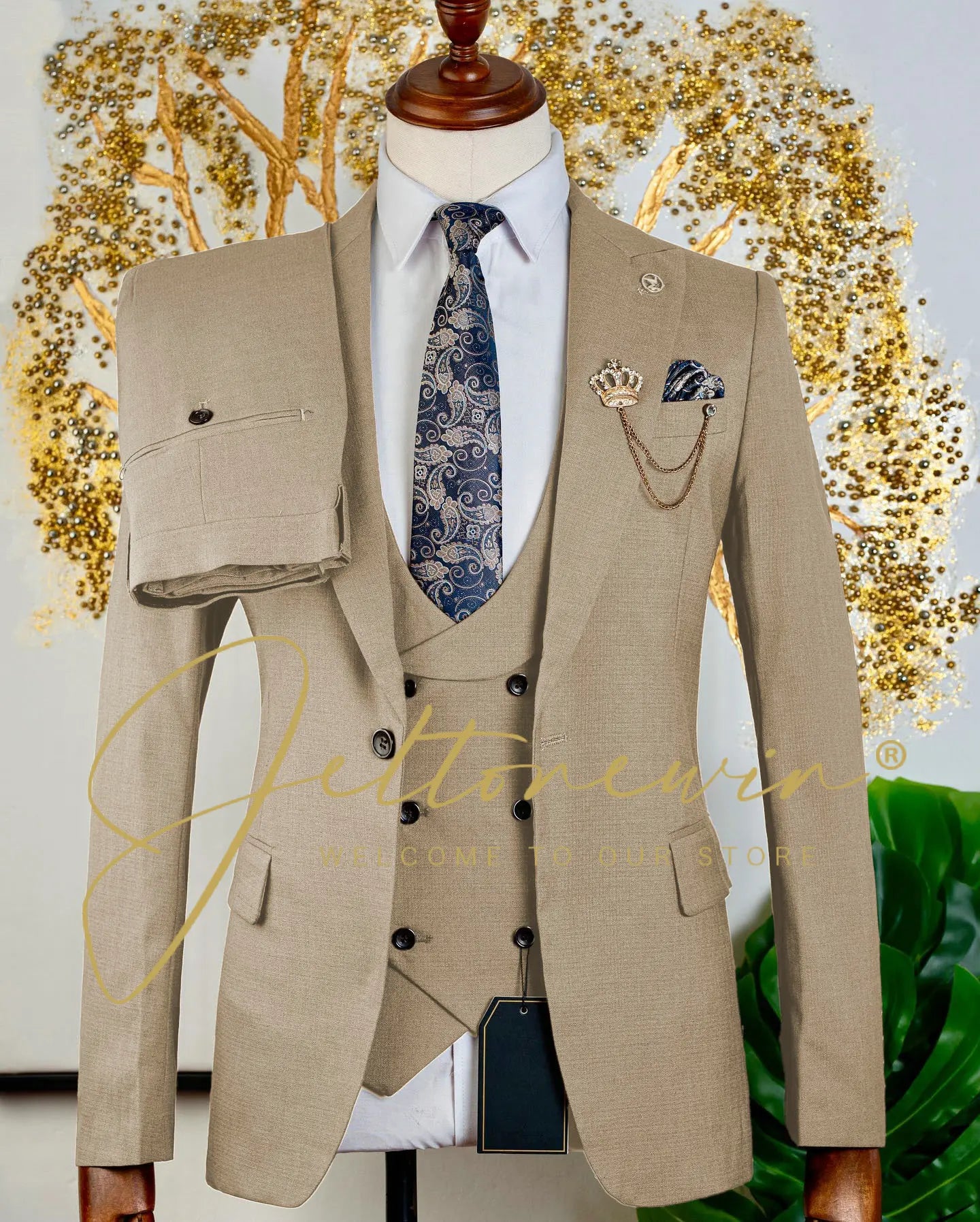 Brauner dreiteiliger Herrenanzug mit Weste und Hose, schmale Passform, formelle Kleidung für Hochzeit, Trauzeugen, Party, Business-Anlass